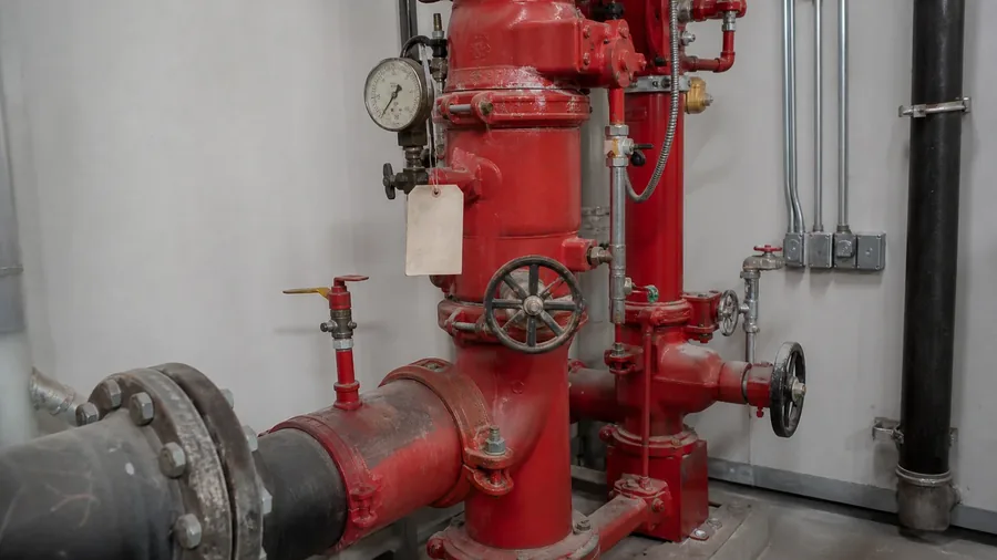 Representative AI-generated sprinkler riser assembly with an older gauge and minor residue