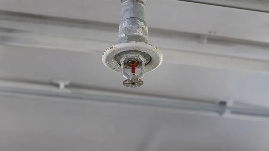 Representative AI-generated view of an aging sprinkler head with light corrosion and paint overspray