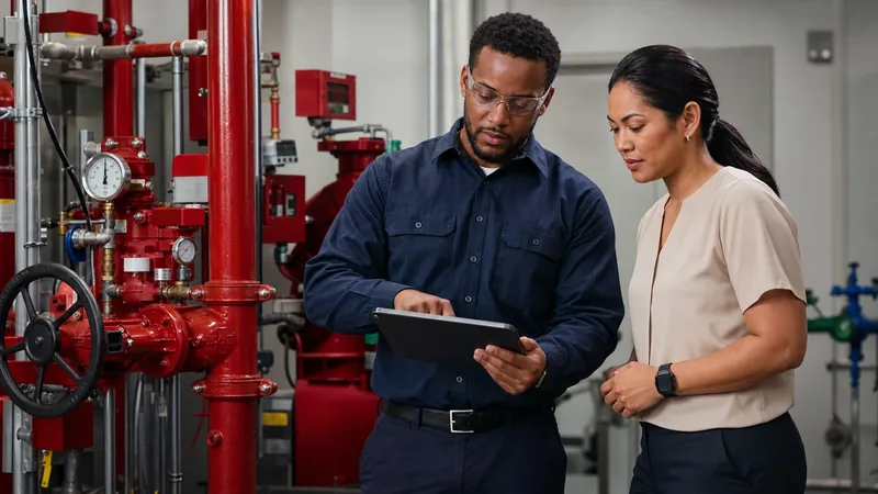 Representative inspector reviewing observations on a tablet with a commercial property manager beside a sprinkler riser