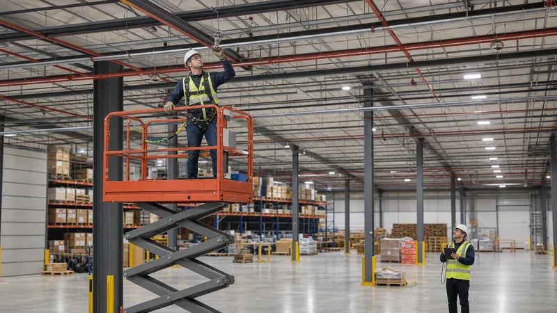 Representative professional inspector using a guarded lift to observe overhead sprinkler piping while a second professional documents from the floor